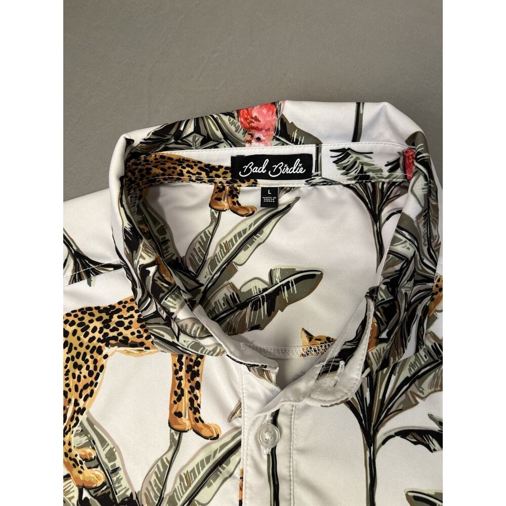 Bad Birdie Men's Performance Golf Polo Shirt Size Large Floral Cheetah Parrot - Picture 4 of 8